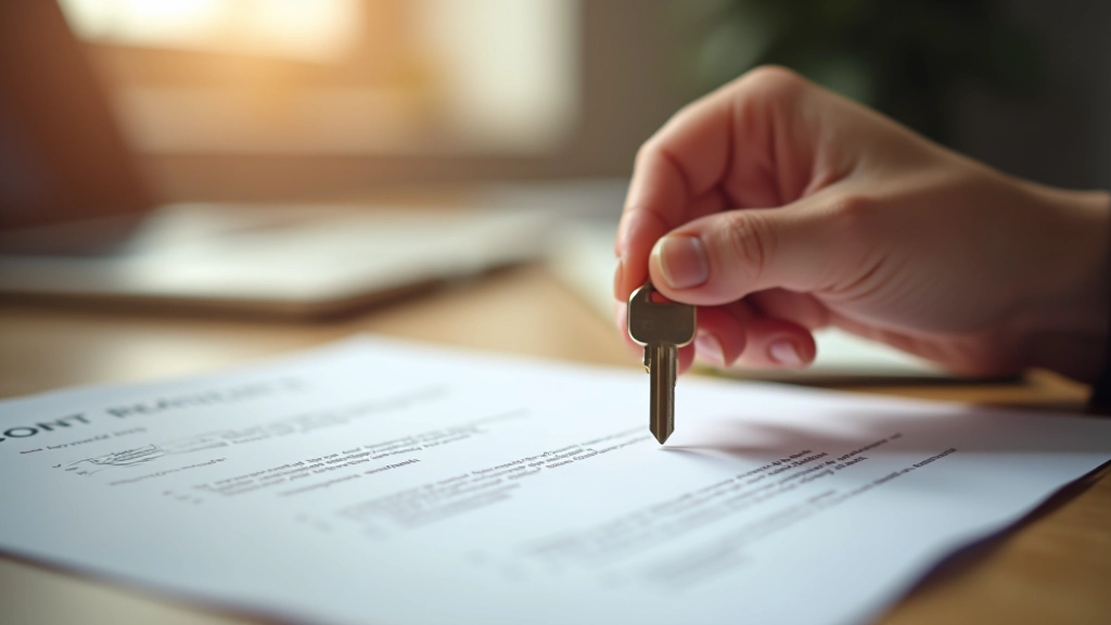 Klíč od bytu v ruce s papíry na nájemní smlouvě a kaucí položenou na stole