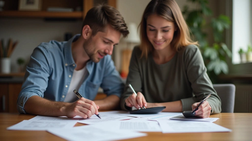 Muž a žena sedí u stolu s papíry a kalkulačkou, diskutují o domácím rozpočtu a finančním plánování