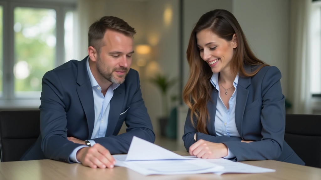 Manželský pár sedí u stolu s realitním maklérem a prohlíží dokumenty k hypotéce