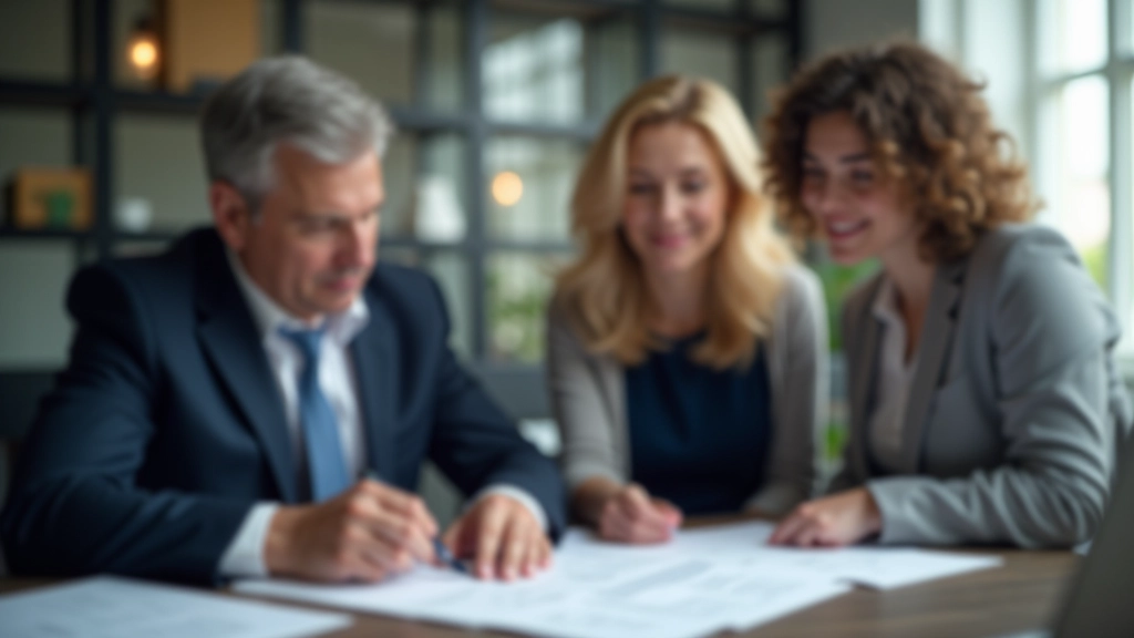 Finanční poradce sedí s mladou rodinou v kanceláři a diskutuje o hypotéce a plánování na základě dokumentů