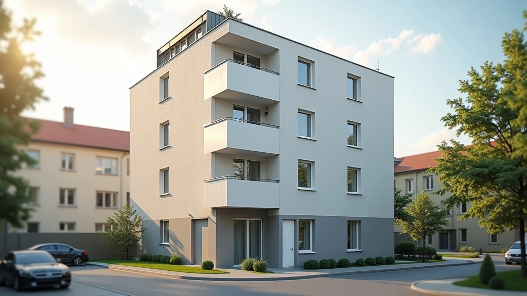 Přední pohled na moderní bytový dům s více patry a zeleným vchodem