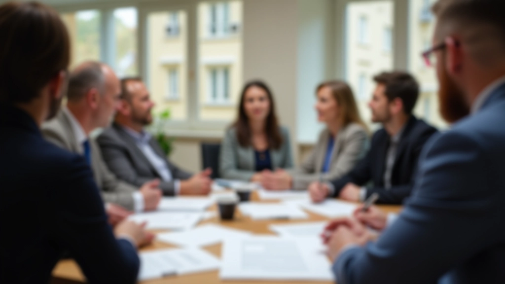 Schůze společenství vlastníků jednotek s členy sedícími okolo stolu a dokumenty v rukou