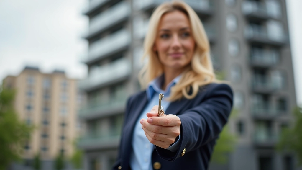 Majitel domu stojí před svým nemovitostí s klíčem od bytu v ruce, čeká na nájemníky